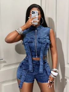 Sexy blue denim two-piece set with a zipper vest and matching high-waisted shorts