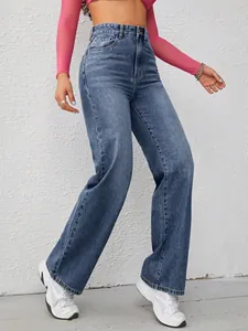 Detailed view of women's high-waisted wide-leg denim jeans in a classic blue wash.