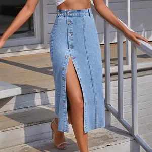 Women High Waist Button Front Denim Midi Skirt Casual Washed Slit Long Skirt Elegant Daily Streetwear Bottom