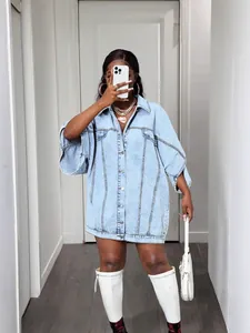 Women Oversized Denim Jacket Dress Western Streetwear Washed Cotton Blend Button Up Cape Style Mid Length Jean Coat Top