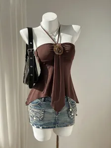 Débardeur Cami Dos Nu Vintage à Nouer pour Femmes Sexy Sans Manches Dos Nu Ourlet Volanté avec Pierre Précieuse Été Streetwear Hot Girl