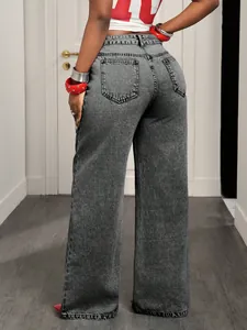 Back view of high-waisted wide-leg denim jeans in vintage grey wash for women
