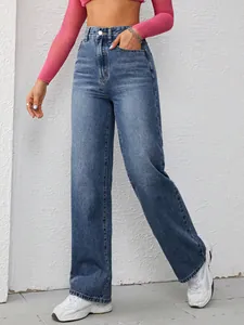 Detailed view of fashionable high-waisted blue wide-leg denim jeans for women casual wear
