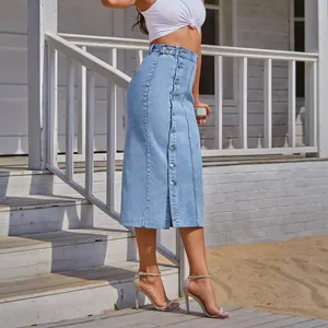 Stylish high waisted button front denim midi skirt with front slit in light blue