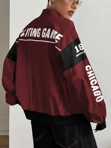Vue arrière de la veste de course bordeaux avec imprimés Chicago et Exciting Game