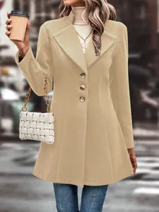 Detail view of a chic camel wool coat featuring notched lapels and button front closure