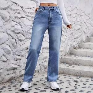 Jeans à Jambe Droite Taille Haute Doublé de Polaire pour Femmes Pantalon en Denim Délavé Stretch Amincissant Hiver Chaud Streetwear