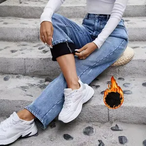 Jean en denim droit extensible à taille haute et doublé de polaire pour femmes