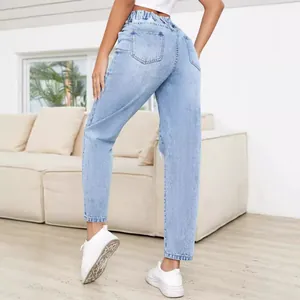 Women's light wash distressed straight-leg jeans with high elastic waist and back pockets.