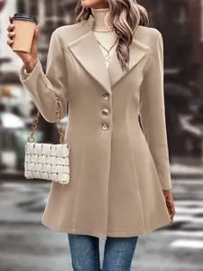 Detail view of chic khaki lapel wool coat featuring elegant button-down styling