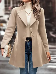 Detailed view of a stylish beige lapel wool coat for autumn and winter fashion styles.