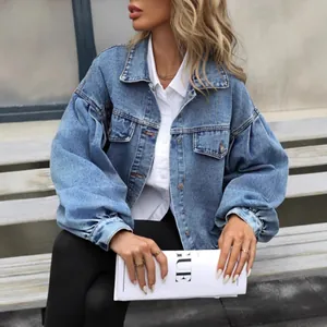 Women Oversized Cropped Denim Jacket Puff Sleeve Washed Jeans Jacket Button Front Pocket Casual Fashion Streetwear Denim Top