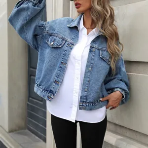Women's stylish loose fit light blue short denim jacket with puff sleeves