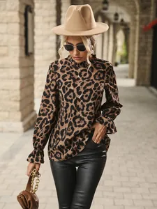 Elegant leopard print long-sleeve blouse featuring ruffle cuffs and a stand collar detail.
