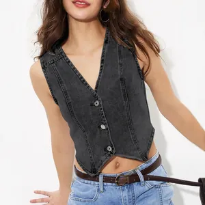 Débardeur court en jean noir à col en V pour femme, style moderne et décontracté