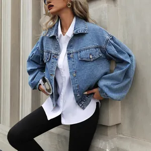 Casual loose puff sleeve short denim jacket for women in washed blue finish