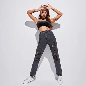 Trendy high-waist ripped straight-leg jeans for women in charcoal grey distressed denim