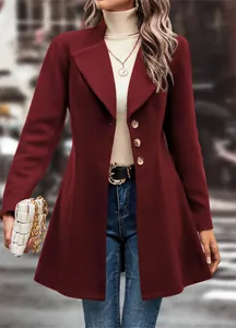 Detail view of stylish burgundy wool blend coat with lapels and tailored waist for women.