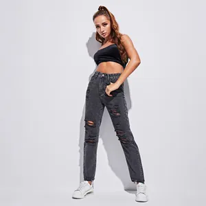 Women's distressed black high-waisted denim jeans with loose fit for casual fashion look