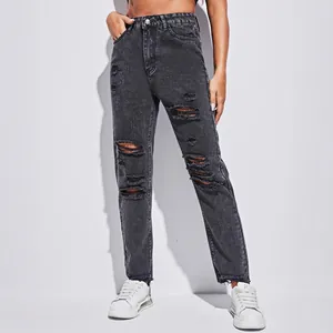 High-waisted ripped boyfriend jeans in charcoal grey wash with distressed frayed details