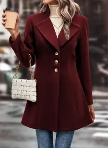 Detailed view of women's elegant burgundy wool coat with lapel collar and buttons