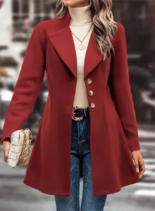 Detailed view of a women's burgundy lapel wool coat with an elegant button front