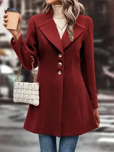 Close-up of elegant burgundy lapel wool coat with stylish buttons and tailored fit