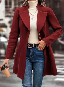 Detailed view of fashionable burgundy lapel woolen coat with street style styling
