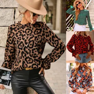 Women's Leopard Print Blouse Ruffle Stand Collar Long Sleeve Slim Fit Shirt Elegant Office Wear Casual Top
