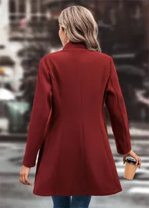 Back view of a stylish burgundy woolen coat with a tailored fit for autumn/winter wear