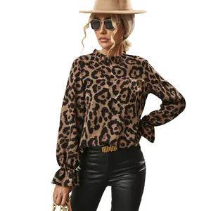 Stylish leopard print long-sleeve shirt with ruffled collar and cuffs for women