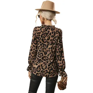 Stylish leopard print long-sleeved shirt for women, professional back view perspective