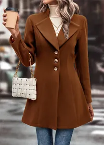 Sophisticated brown wool coat with lapel collar worn over beige turtleneck and jeans