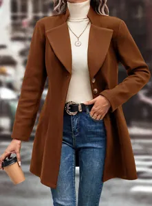Detailed shot of a stylish brown lapel wool coat for women in autumn street style.