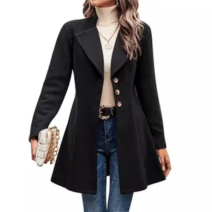 Elegant black mid-length wool coat with lapel collar and single-breasted buttons for women