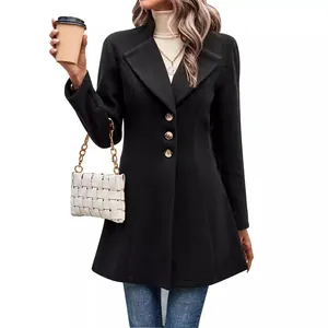 Elegant women's black peacoat featuring a classic lapel collar and stylish A-line hem