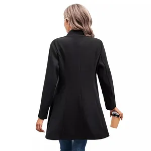 Stylish black mid-length woolen coat for women, back view, perfect for autumn winter wear.