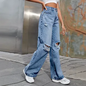 Stylish high-waist light wash ripped wide-leg denim jeans for women casual street fashion