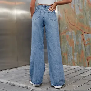 Stylish high-waisted wide-leg denim jeans for women featuring a trendy light blue wash finish