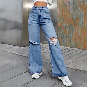 Stylish high-waist light blue ripped wide-leg denim jeans for women