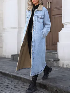 Oversized lange spijkerjas met warme fleecevoering voor dames in casual streetwear