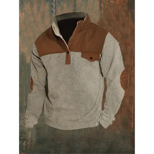 Men Casual Waffle Knit Sweatshirt Stand Collar Patchwork Long Sleeve Pullover With Button Pocket Top