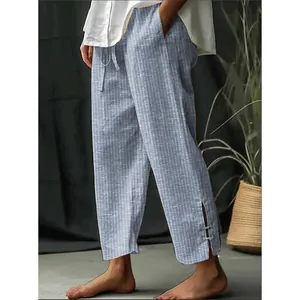 Men's Casual Cotton Striped Long Pants Loose Fit Drawstring Waist Side Split Breathable Resort Style Summer Bottom