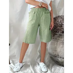Stylish green striped high-waisted shorts with pockets for summer casual fashion wear