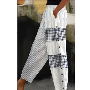 Side view of women's casual trousers featuring striped and checkered patchwork details