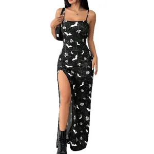 Vestido largo sin mangas con estampado de Halloween y abertura alta, diseño negro y blanco