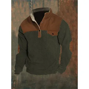 Men's waffle knit sweatshirt with button stand collar and contrast brown patches on shoulders.