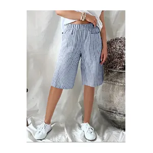 Detailed view of women's vintage blue and white striped woven jacquard casual summer shorts.