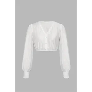 White V-neck dirndl blouse with lantern sleeves for Oktoberfest beer skirt lining