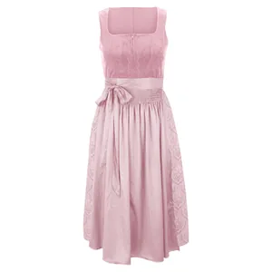 Elegant pink Oktoberfest Dirndl dress with satin finish and lace embroidery detail.